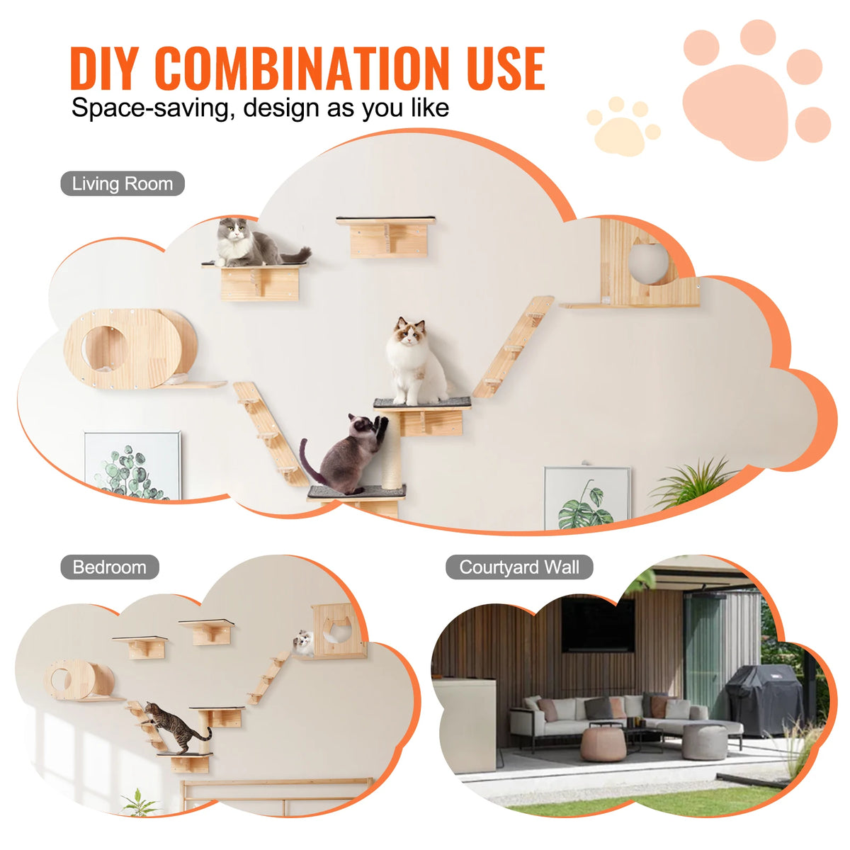 SucceBuy Wall Mounted Cat Shelves With Perches And Hammocks