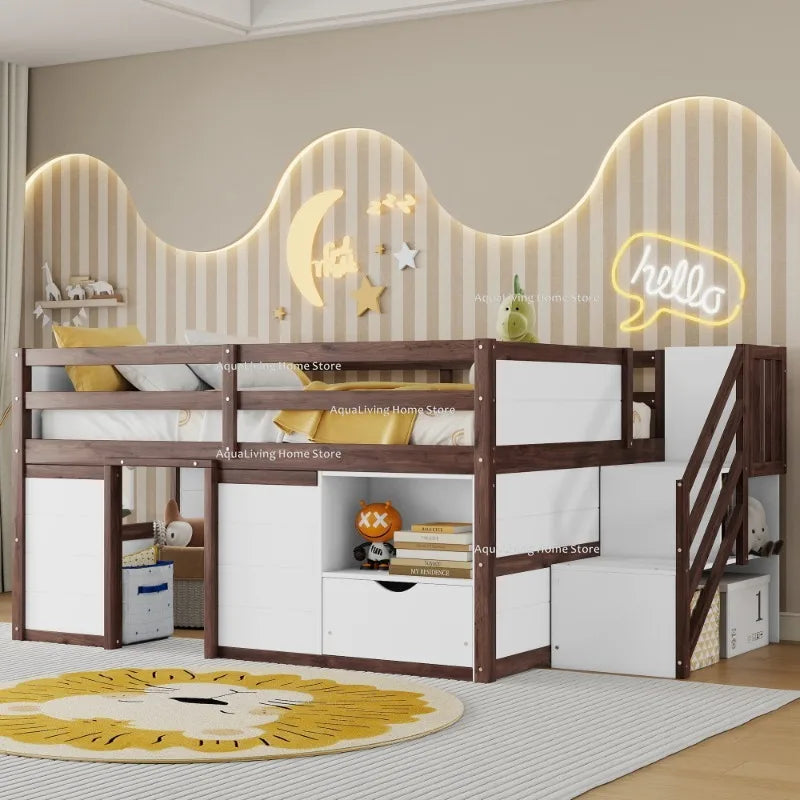 Solid Wood Kids Loft Bed With Stairs Storage Drawer Shelf
