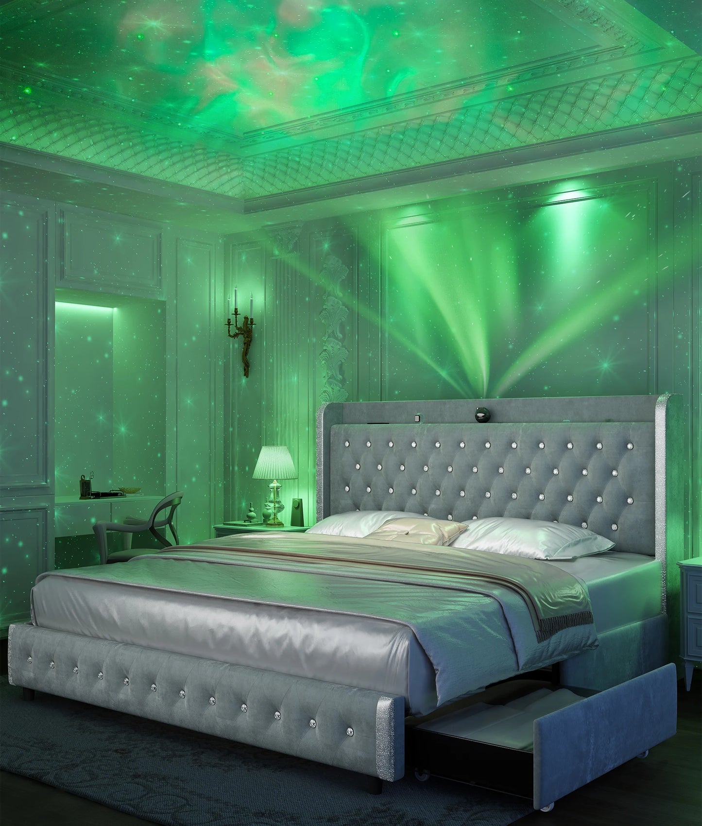 GEGOFORU Queen LED Bed Frame With Galaxy Projector And Bluetooth 4 Drawers