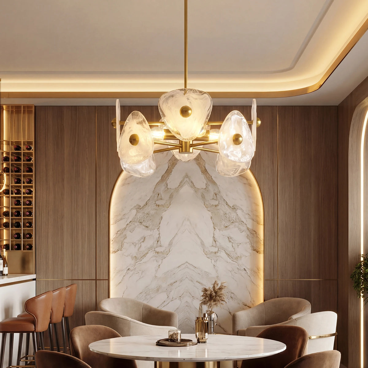 Modern Gold Four Light Glass Chandelier For Dining Room