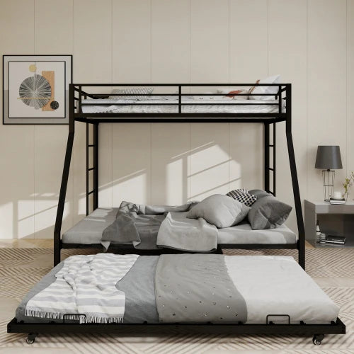Square Tube Iron Bunk Bed With Ladder And Rolling Trundle