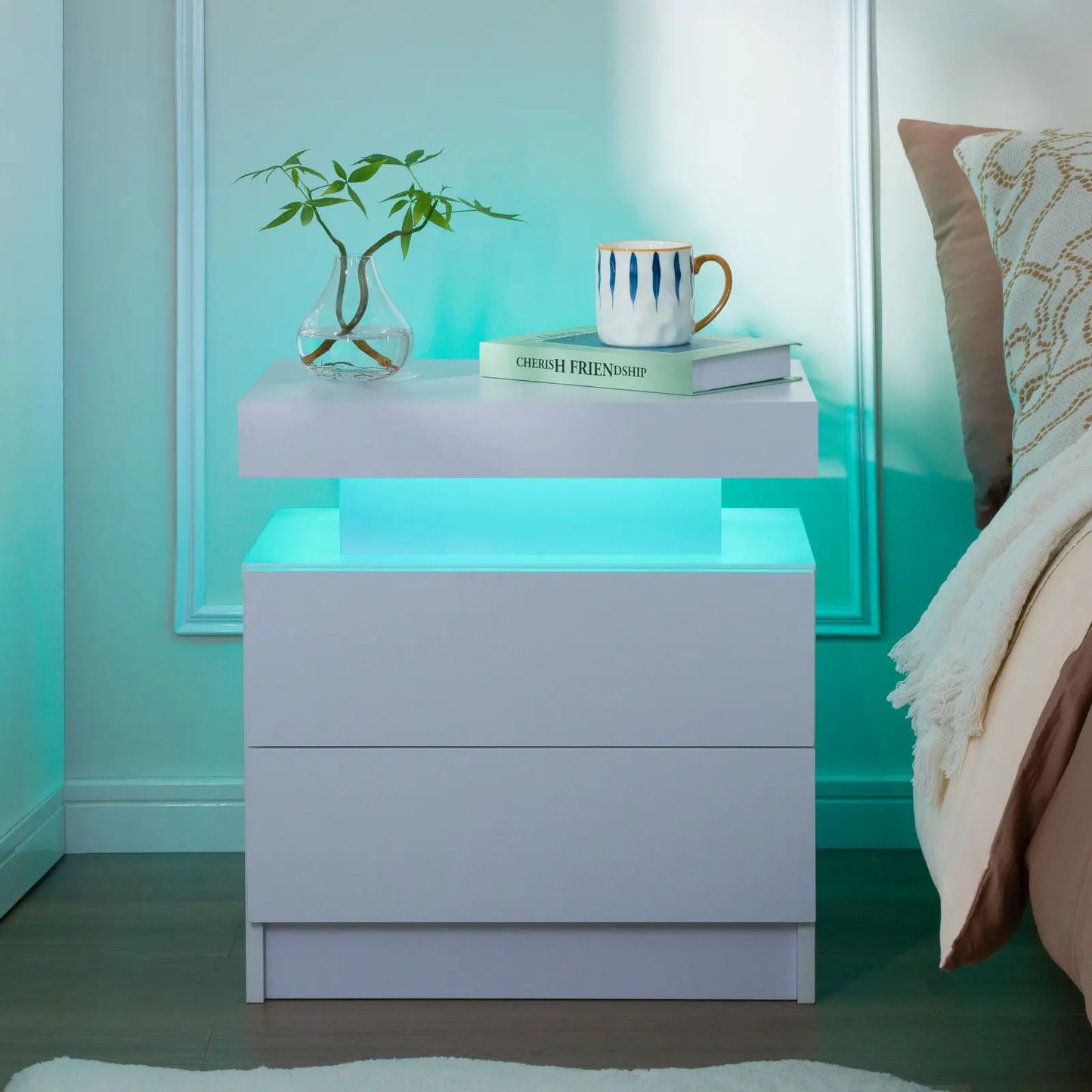 Cubehom Set Of 2 LED Nightstands With Drawers For Bedroom