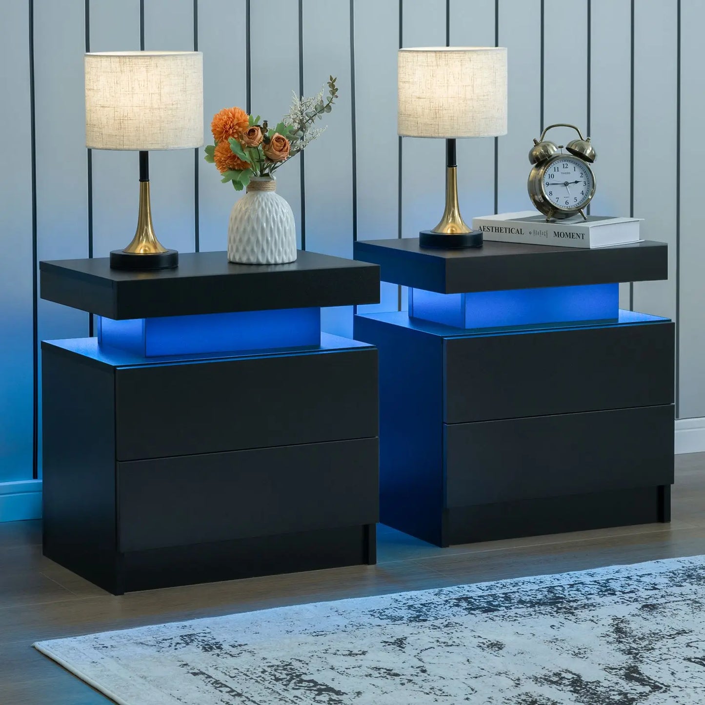Cubehom Set Of 2 LED Nightstands With Drawers For Bedroom