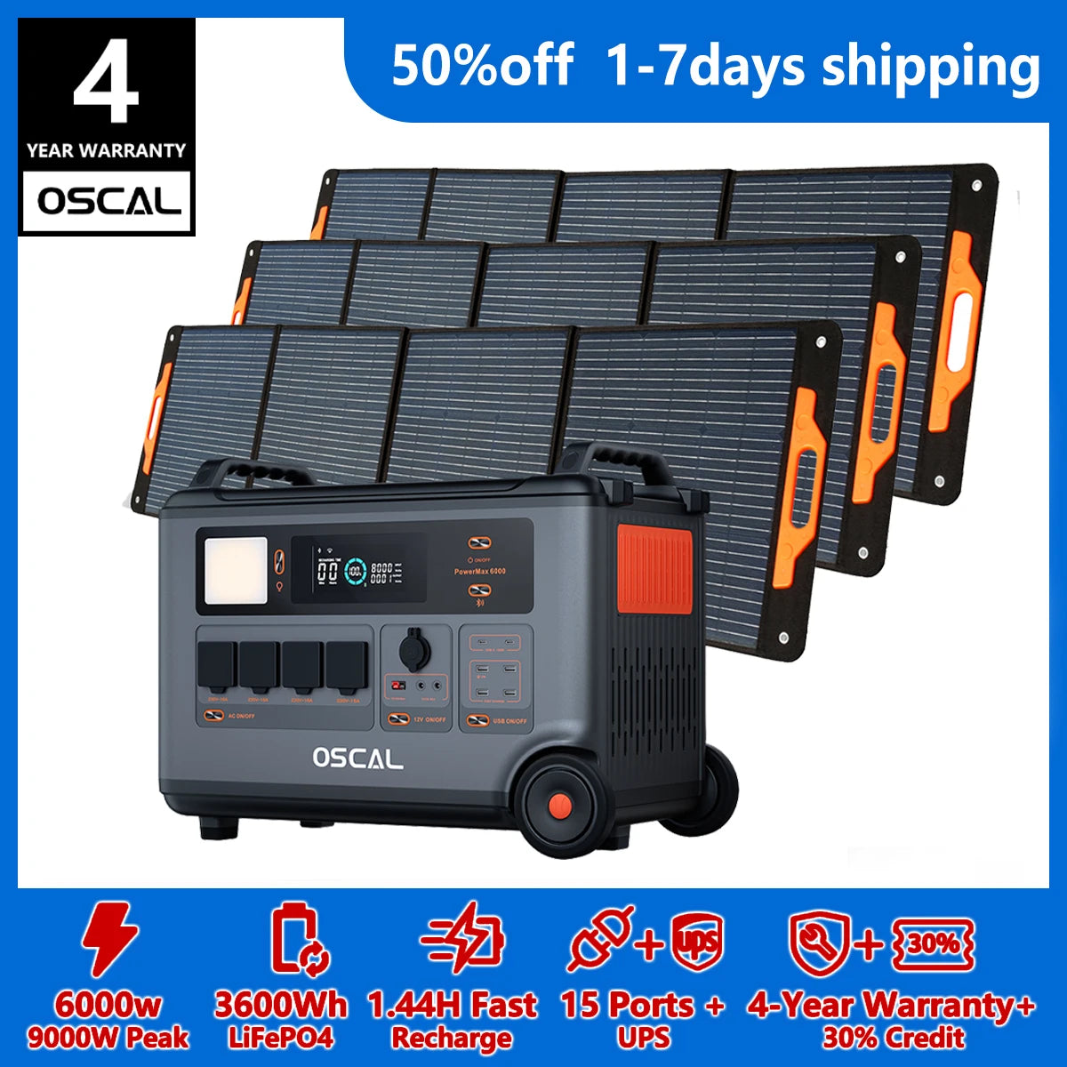OSCAL PowerMax 6000 Solar Generator 3600Wh LiFePO4 Battery Station
