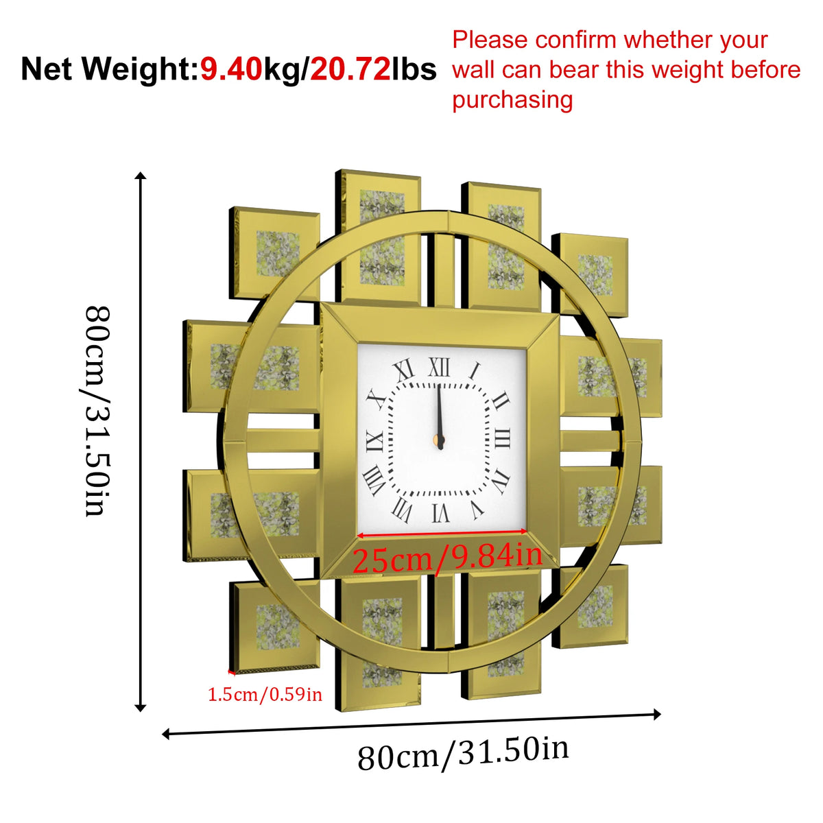 Crushed Diamond Mirrored Wall Clock With Roman Numerals