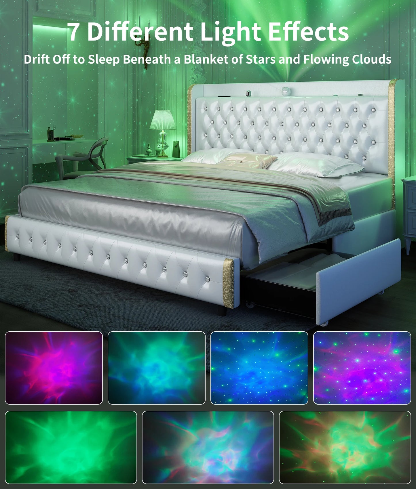 GEGOFORU Queen LED Bed Frame With Galaxy Projector And Bluetooth 4 Drawers