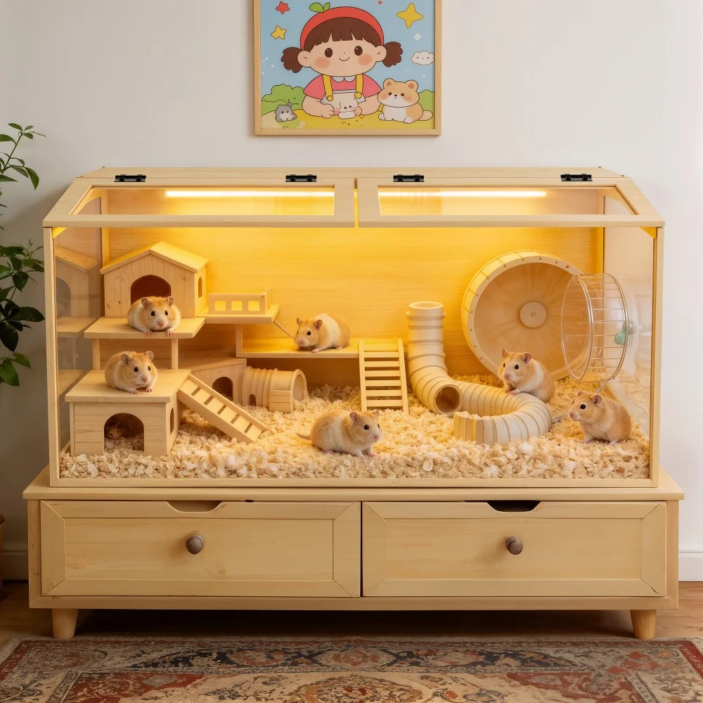Wooden Hamster Habitat Cage With Clear Glass And LED Lighting