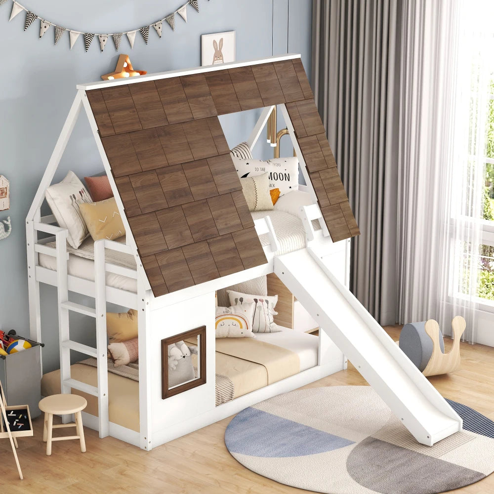 Modern Wood House Bunk Bed With Roof, Ladder And Slide