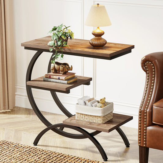 Tribesigns C Shaped End Table With 3 Tier Storage Shelves