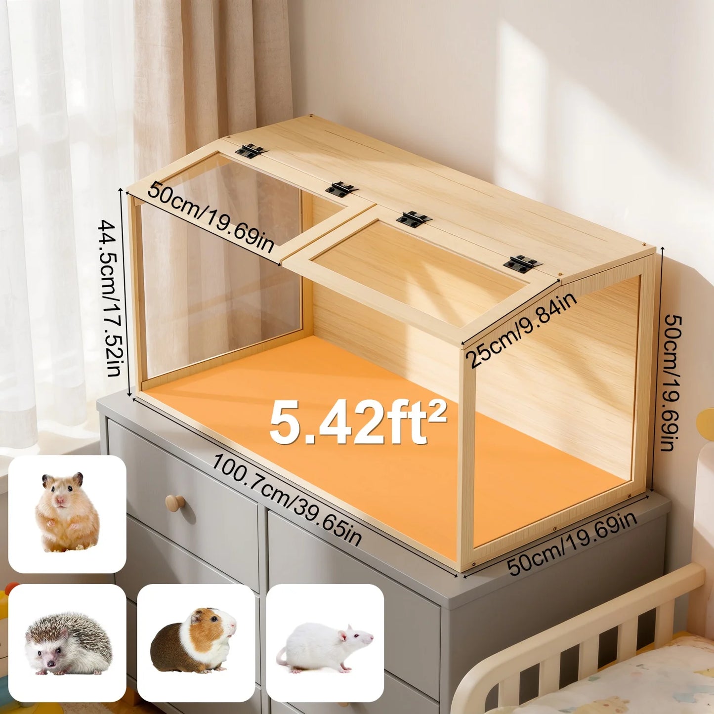 Wooden Hamster Cage Chewproof Tempered Glass Panels And LED Light