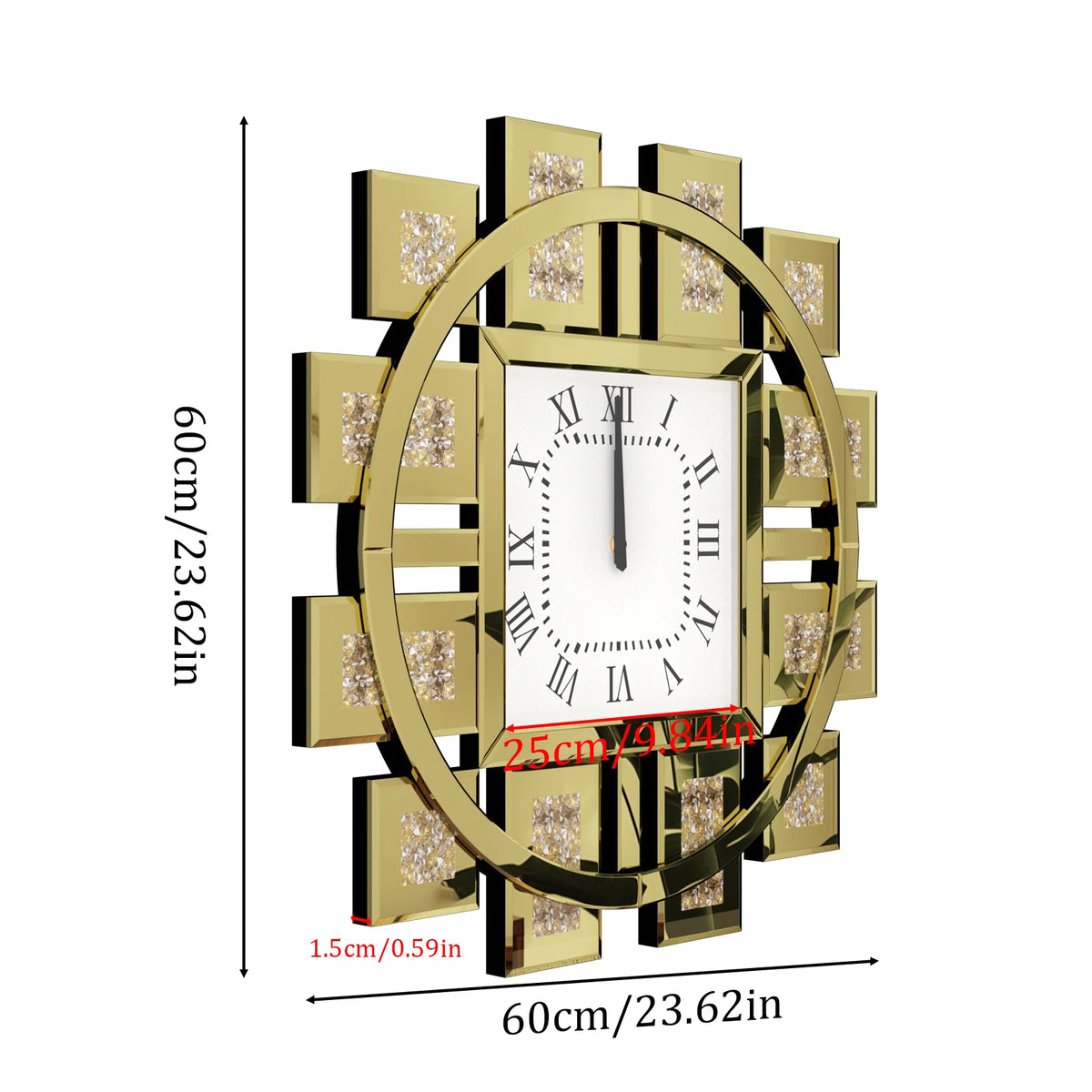Crushed Diamond Mirror Wall Clock With Roman Numerals And Quartz Movement