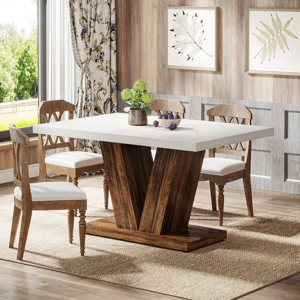 Tribesigns Wooden Farmhouse Dining Table With Heavy Duty Pedestal