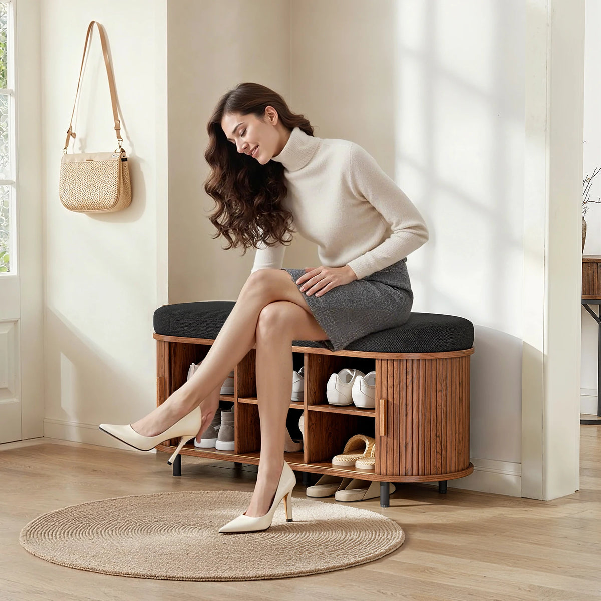 Wooden Shoe Storage Bench Three Tier Organizer With Padded Seat
