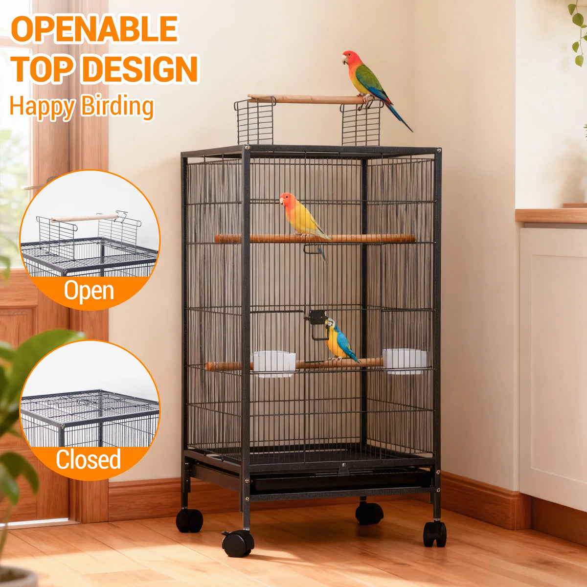 HiMISS Open Top Metal Bird Cage With Perches Feeder Tray