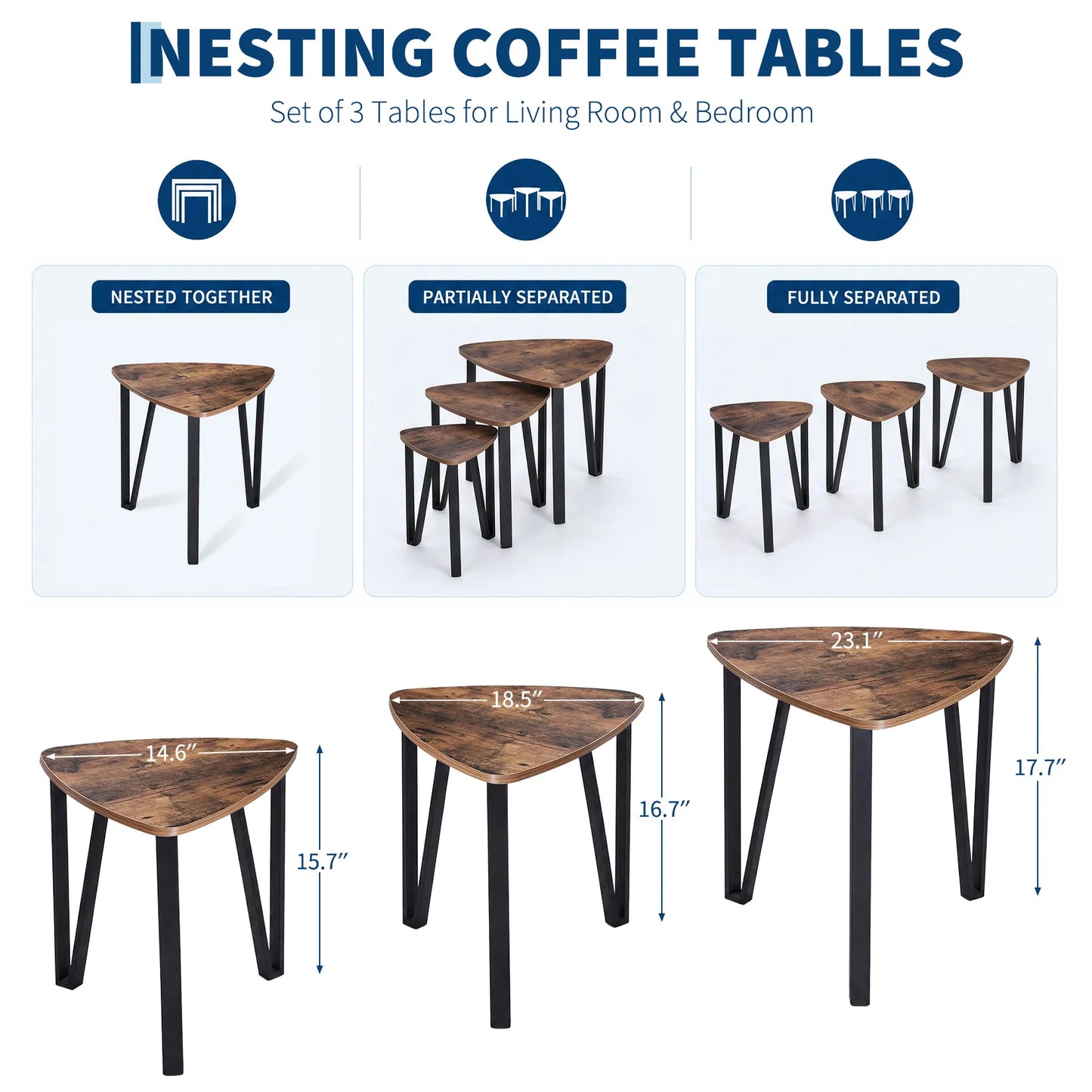 HiMISS Triangle Nesting Coffee Tables Three Piece Set Metal Frames