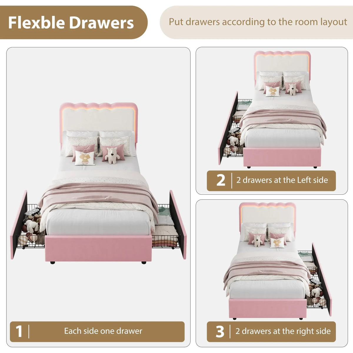 HiMISS LED Velvet Platform Bed With Storage Drawers