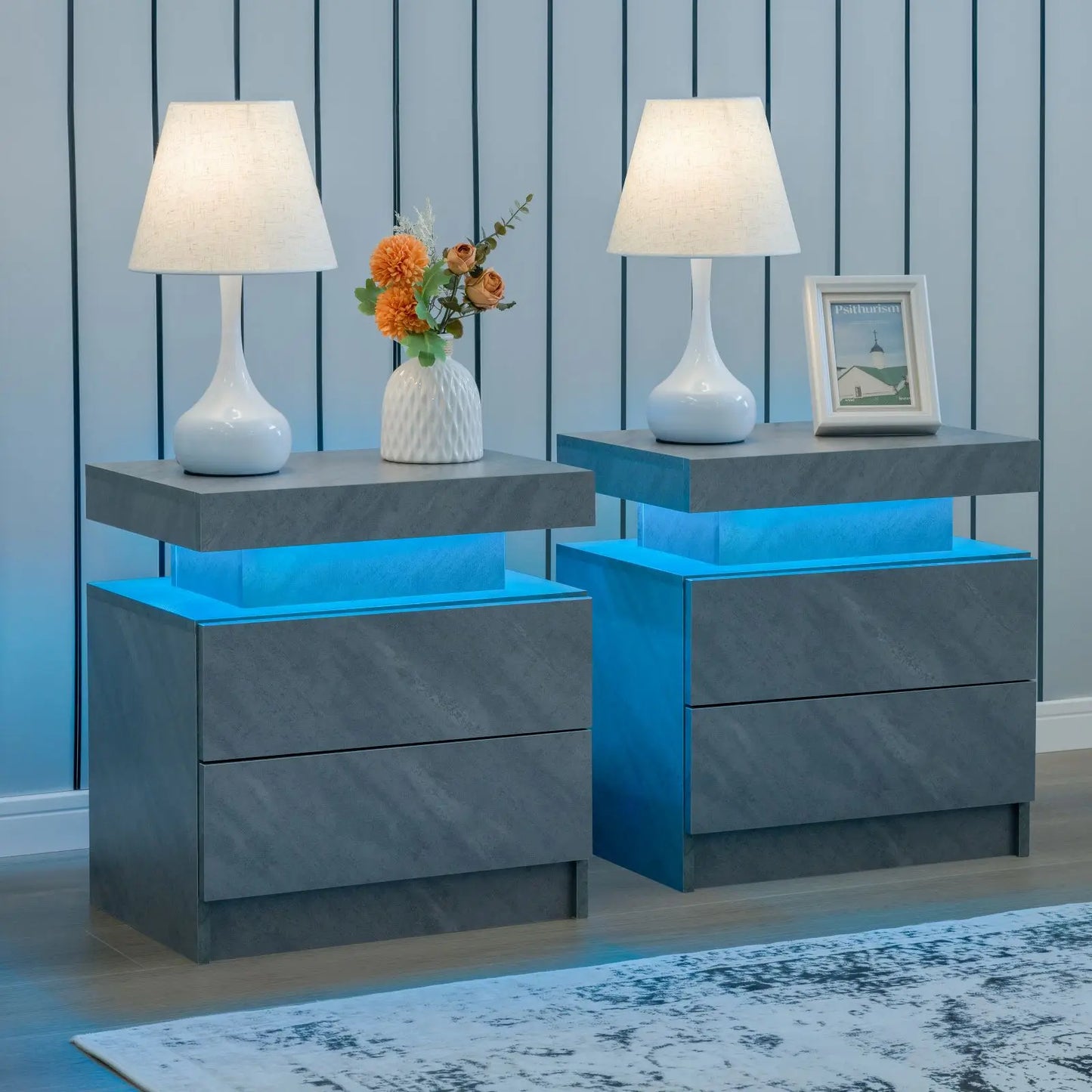 Cubehom Set Of 2 LED Nightstands With Drawers For Bedroom