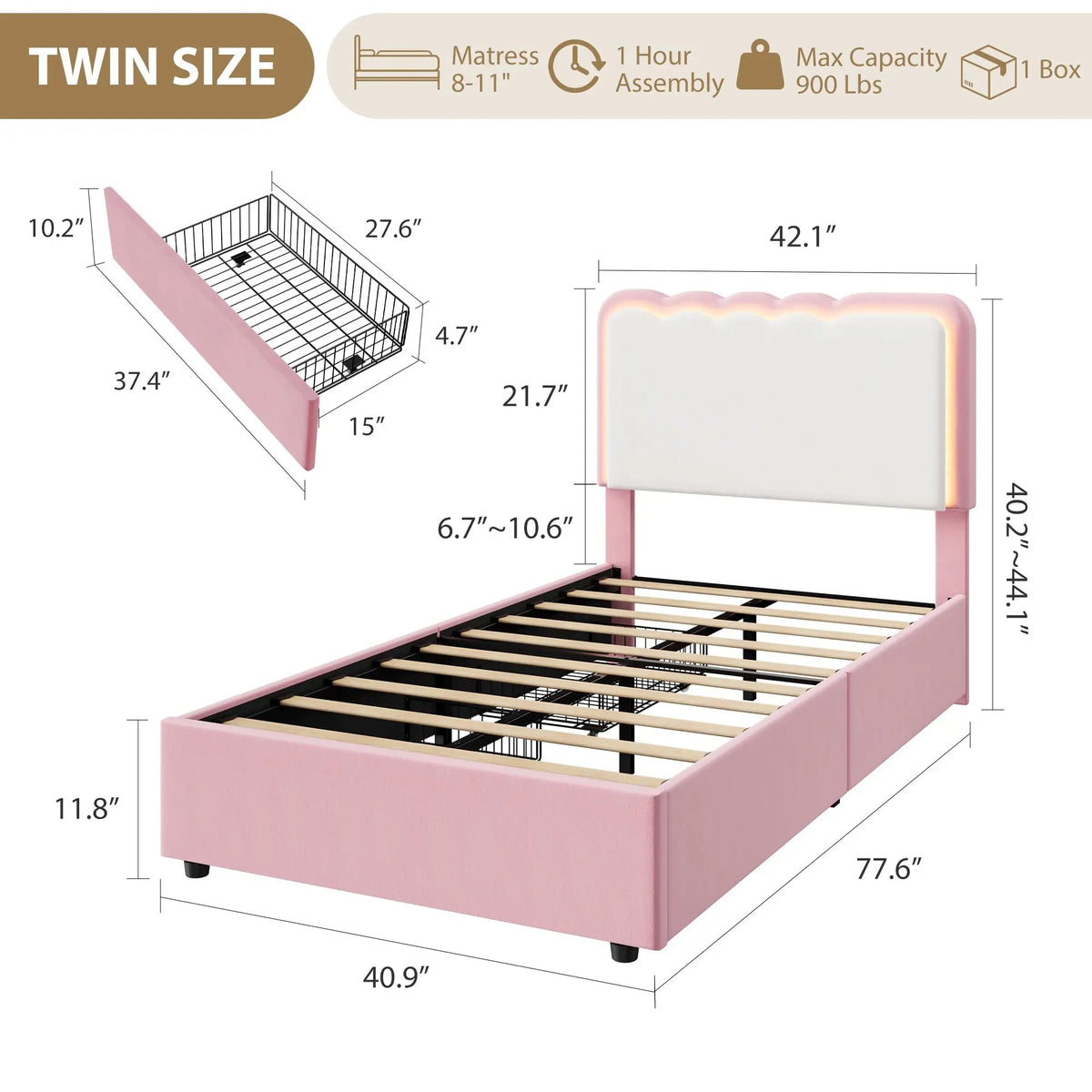 HiMISS LED Velvet Platform Bed With Storage Drawers