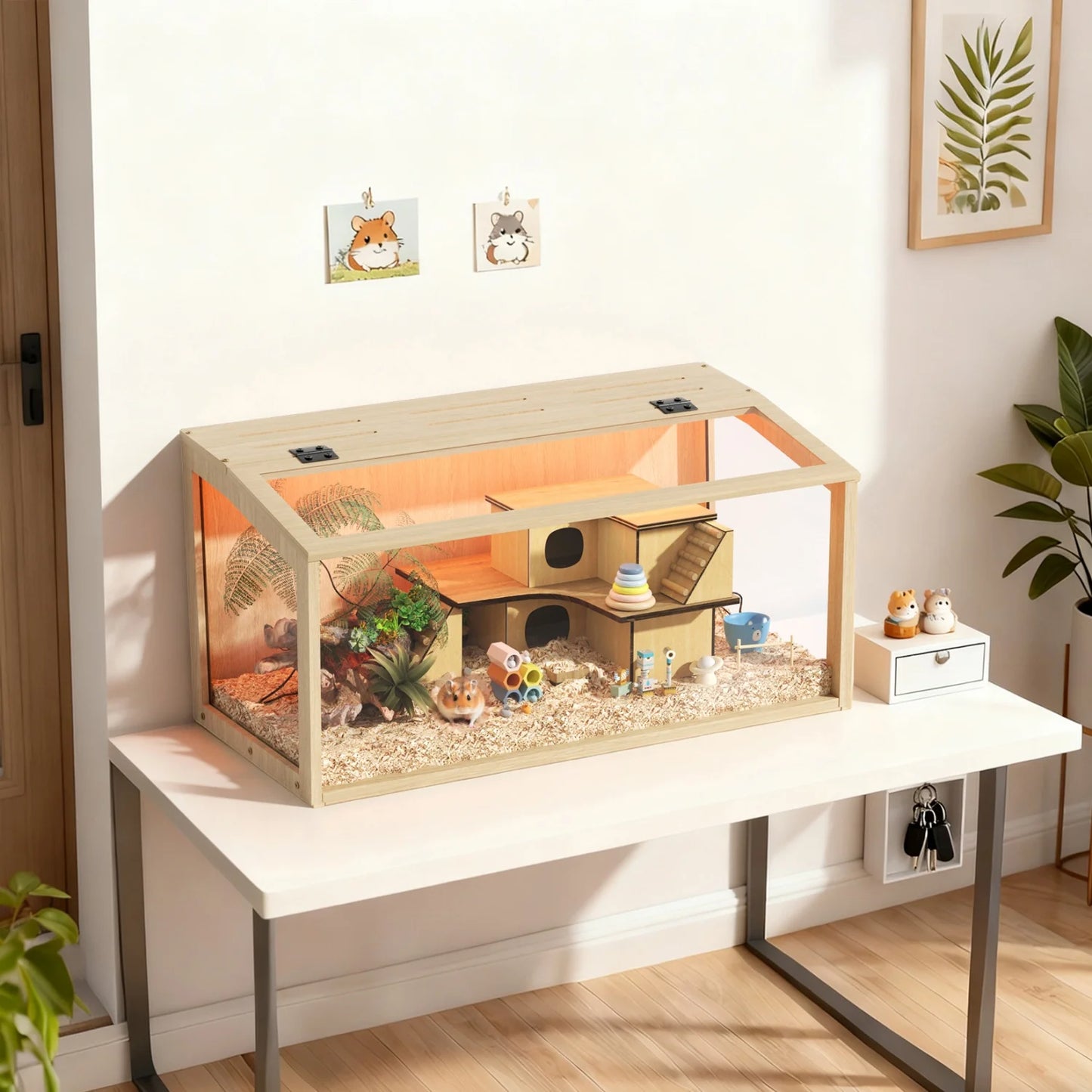 Wooden Hamster Cage Chewproof Tempered Glass Panels And LED Light
