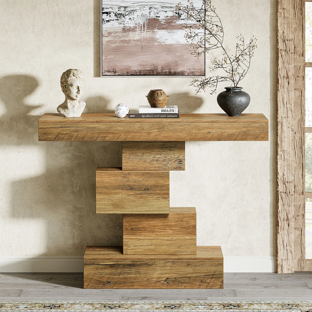 Tribesigns Farmhouse Wooden Console Table With Storage And Geometric Base
