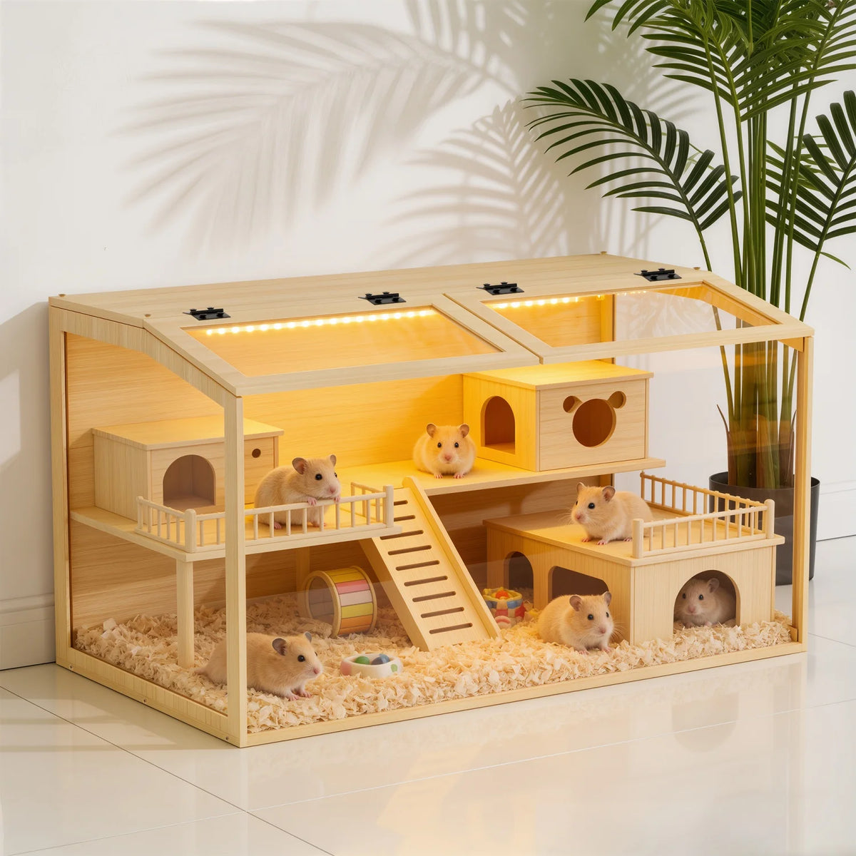 Natural Wooden Hamster Cage Built In Light Dual Door Habitat