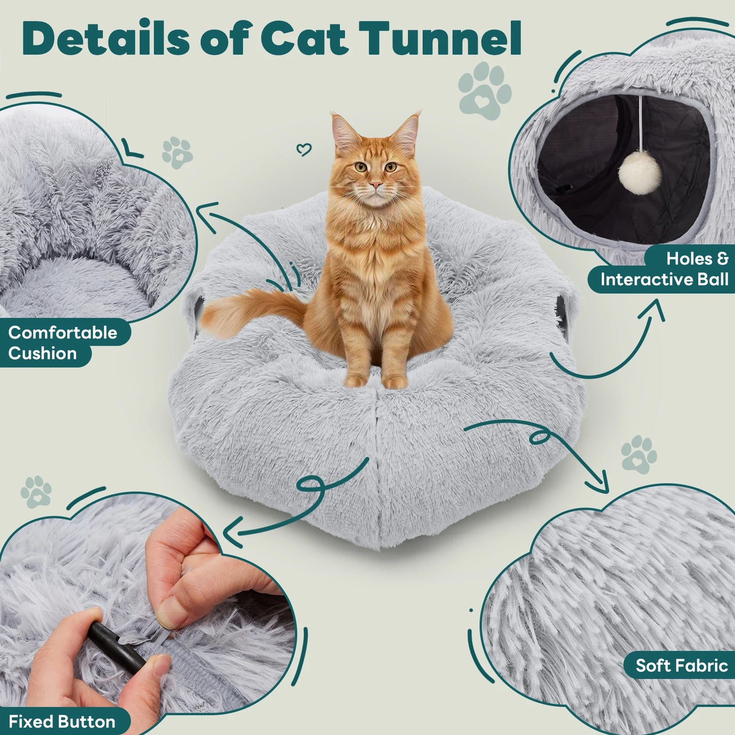 JHK Cat Tunnel Bed Plush Indoor Playground For Cats