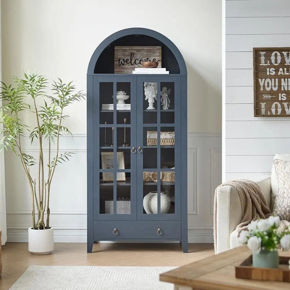 Arched Bamboo Cabinet With Glass Doors And Adjustable Shelves