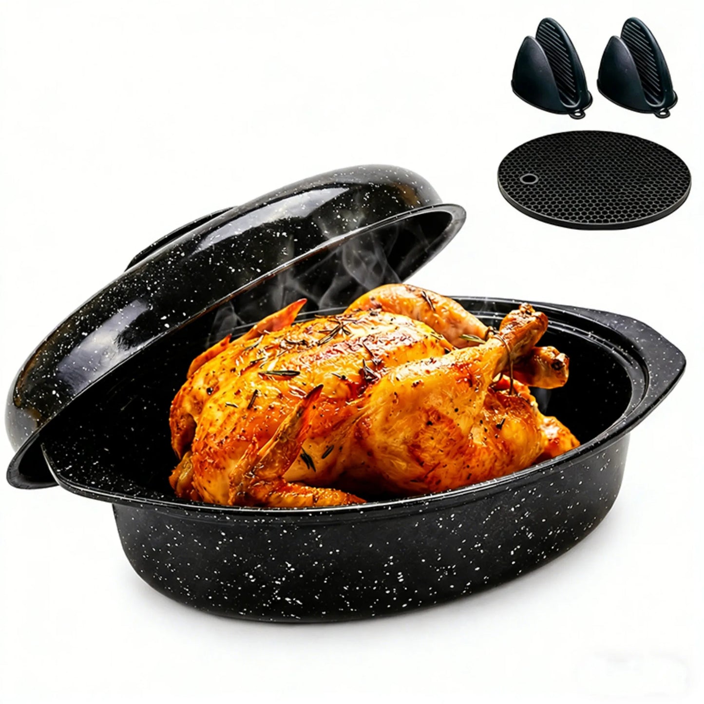 Oval Enamel Steel Roaster With Lid 932 Fahrenheit Heat Resistant