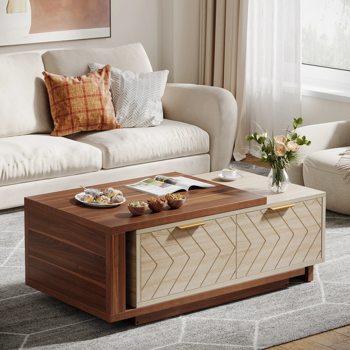 Tribesigns Extendable Rectangular Wood Coffee Table With Drawers