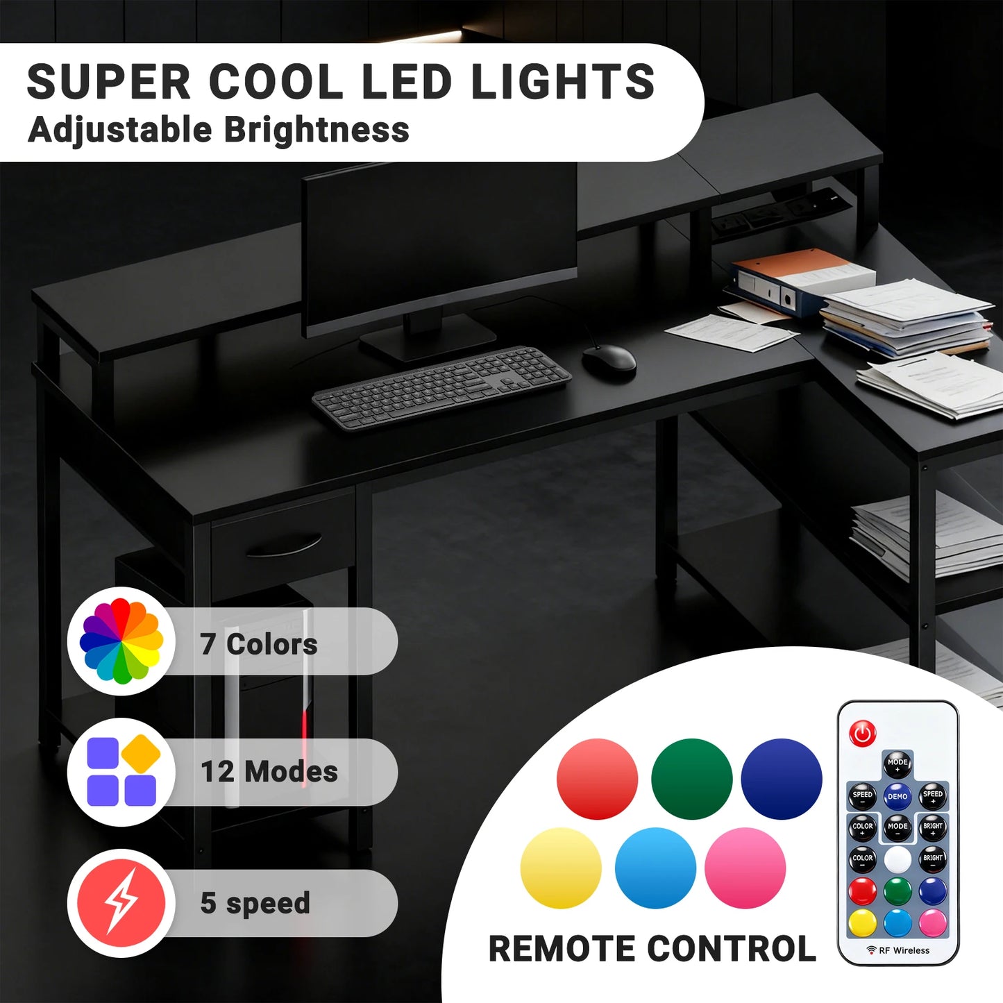 JHK L-Shaped Gaming Desk With USB Ports And LED Illumination