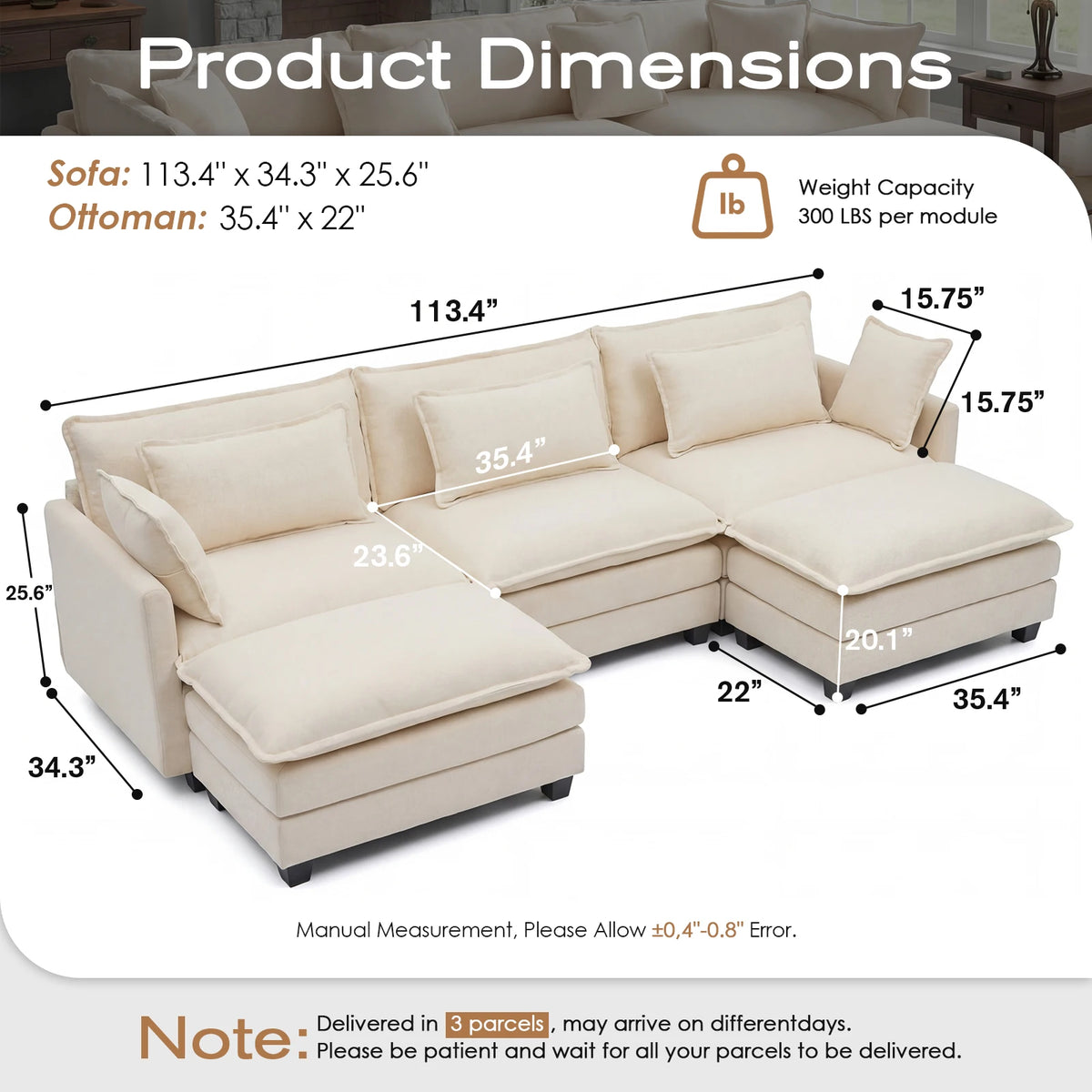 Redlife Modular Sectional Sofa With Ottoman For Living Room