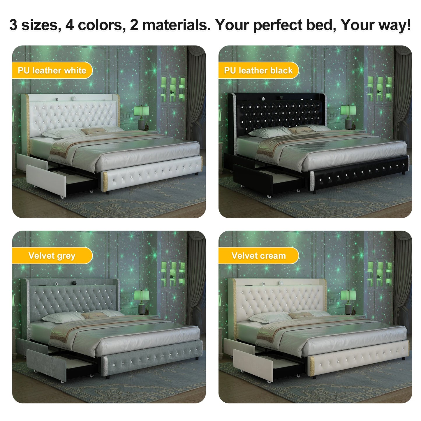 GEGOFORU Queen LED Bed Frame With Galaxy Projector And Bluetooth 4 Drawers