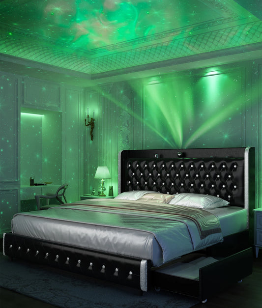 GEGOFORU Queen LED Bed Frame With Galaxy Projector And Bluetooth 4 Drawers