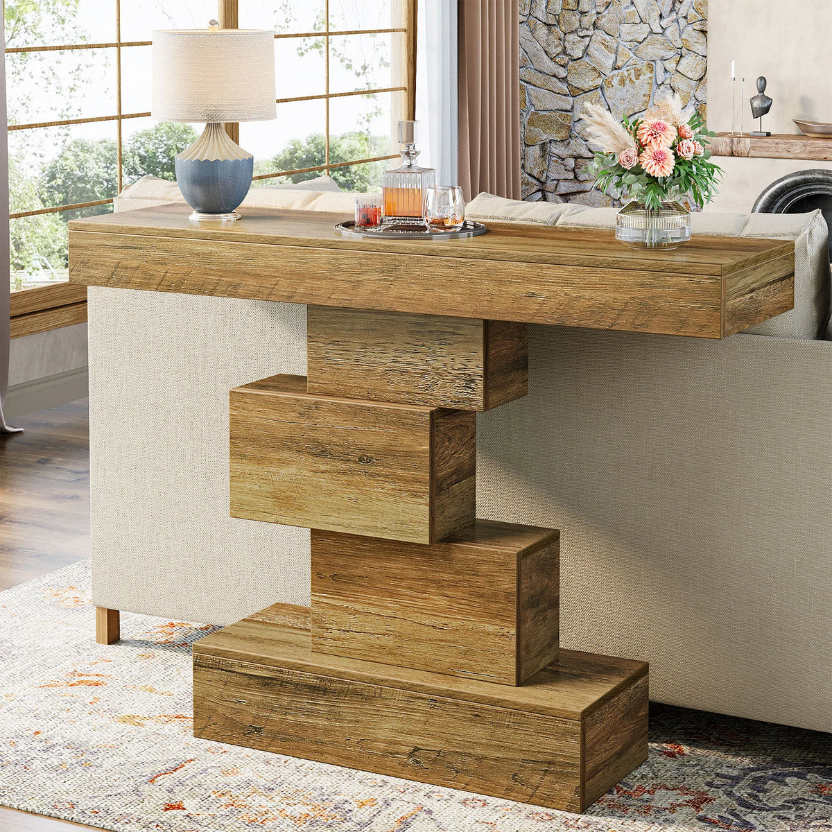 Tribesigns Farmhouse Wooden Console Table With Storage And Geometric Base