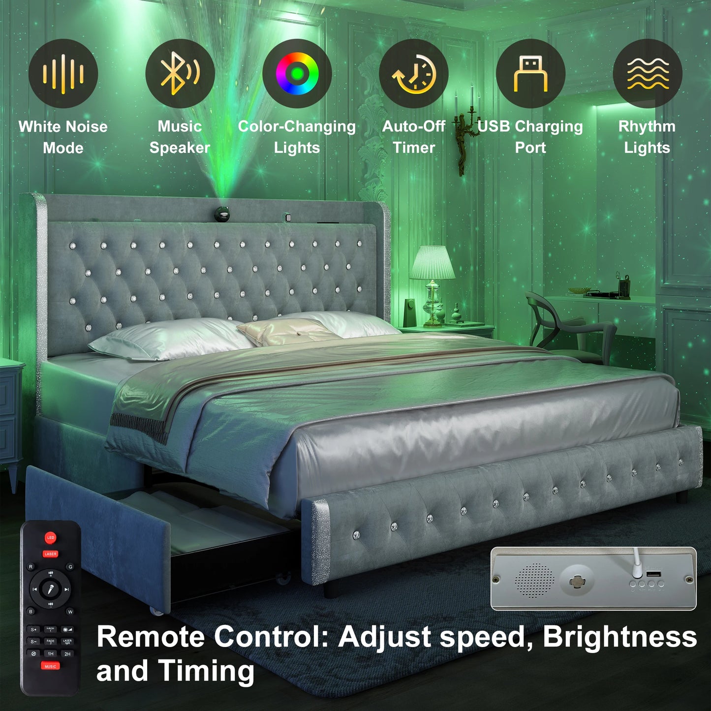 GEGOFORU Queen LED Bed Frame With Galaxy Projector And Bluetooth 4 Drawers