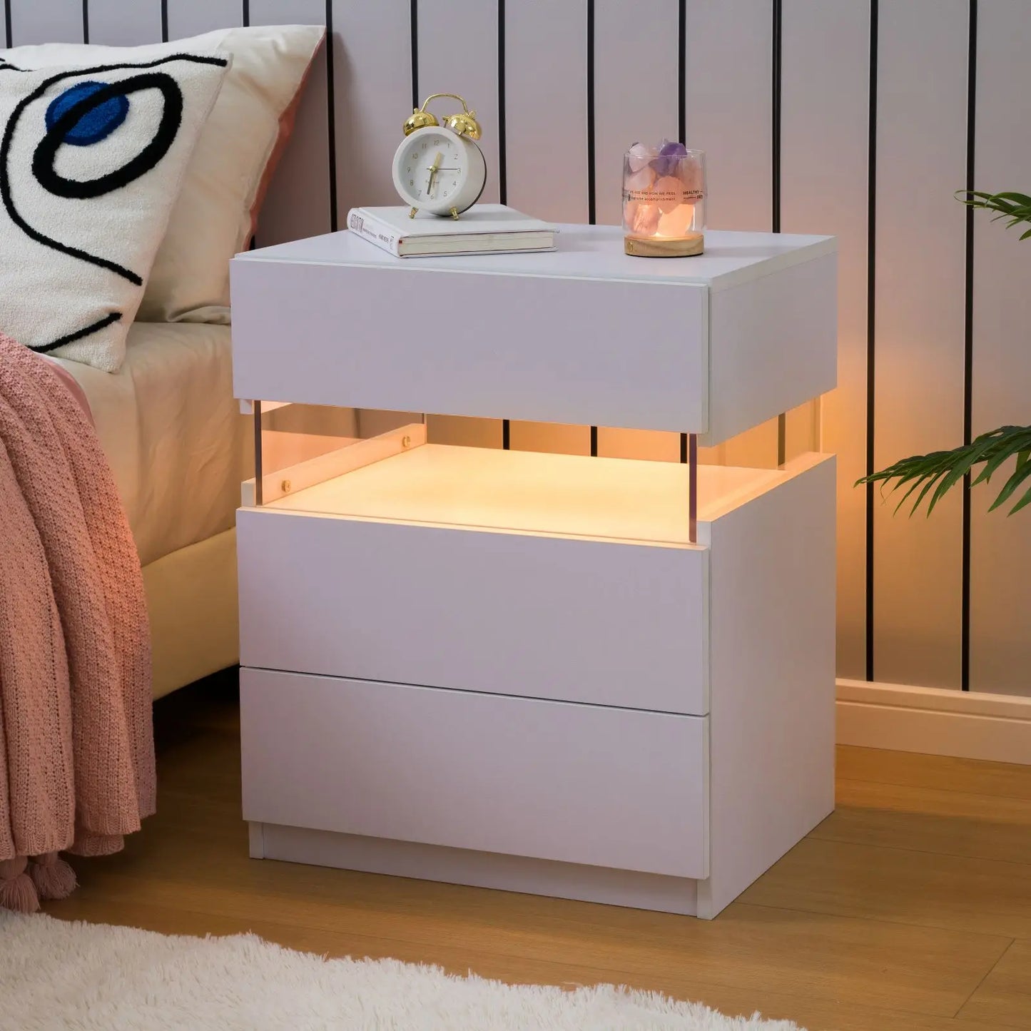 Cubehom Bedside Tables Set With LED Lighting 3 Drawer Nightstands