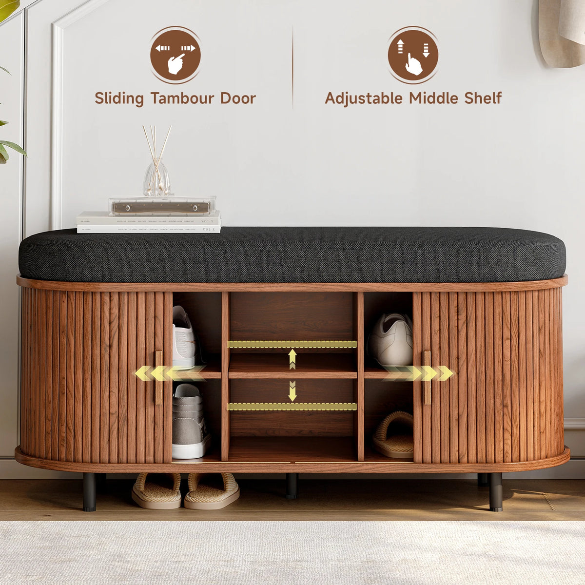 Wooden Shoe Storage Bench Three Tier Organizer With Padded Seat