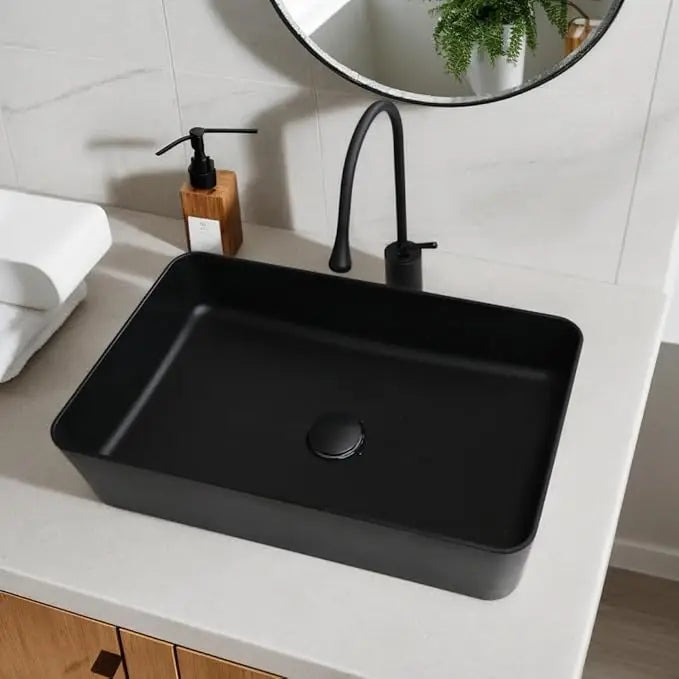 Vessel Sink With Faucet And Drain, Stone Resin, Above Counter