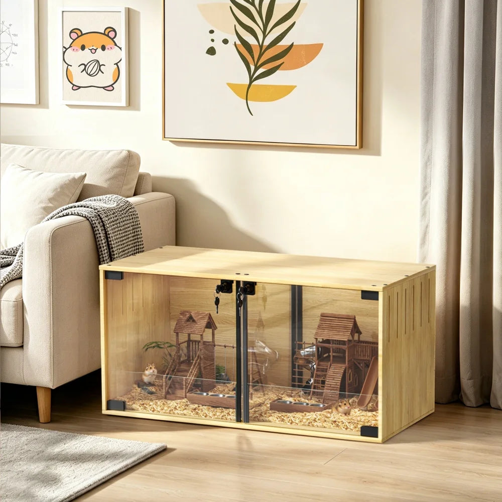 Wooden Hamster Cage With Dual Door Lock Chew Proof Divider