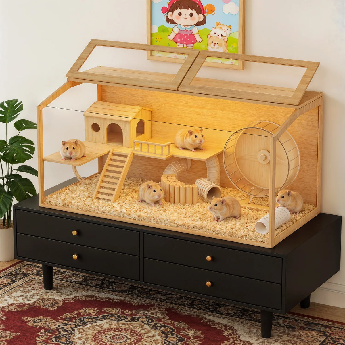 Natural Wooden Hamster Cage Built In Light Dual Door Habitat