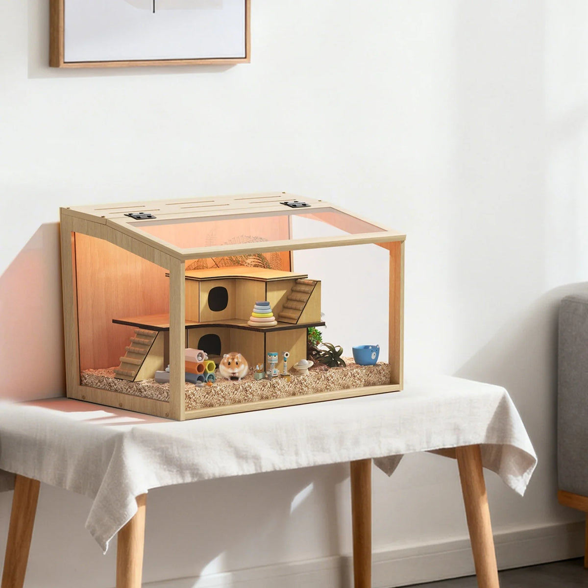 Natural Wooden Hamster Cage With LED Light Tabletop Habitat