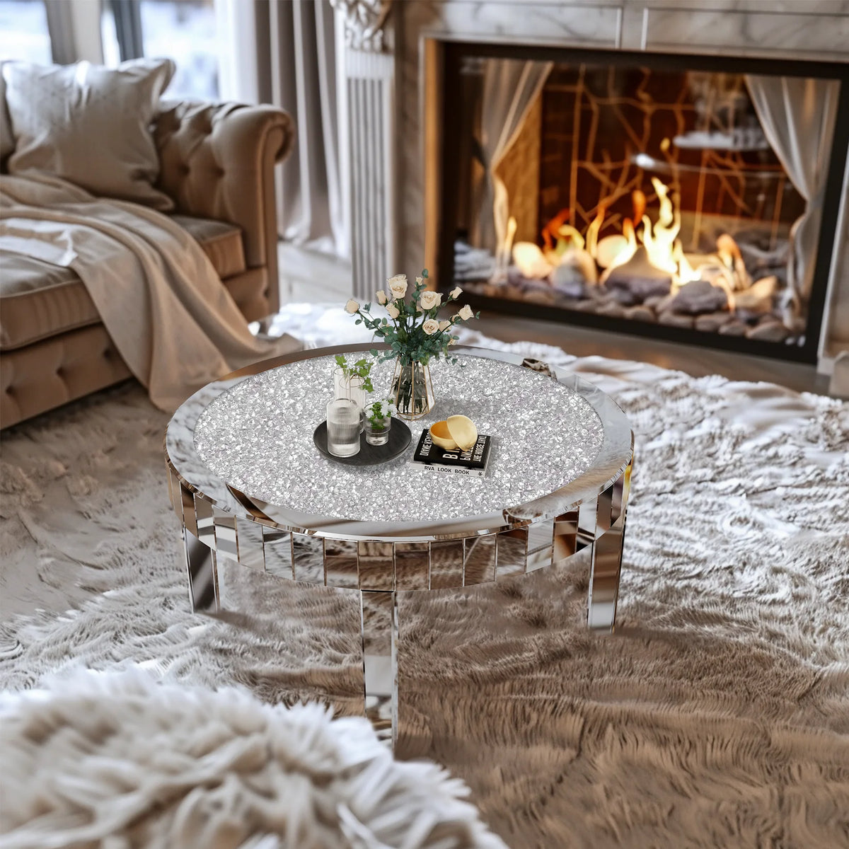 Modern Round Mirrored Glass Coffee Table Featuring Crystal Inlay Accent