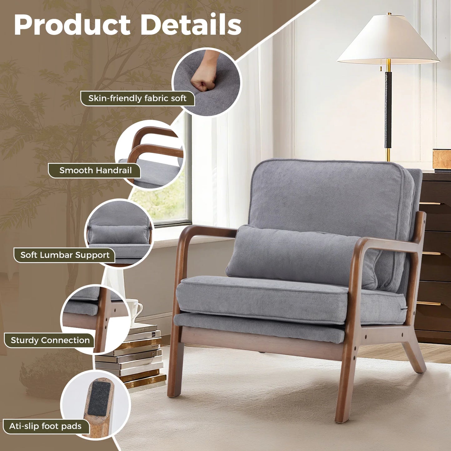 JHK Mid Century Modern Wood Armchair With Cushioned Seat
