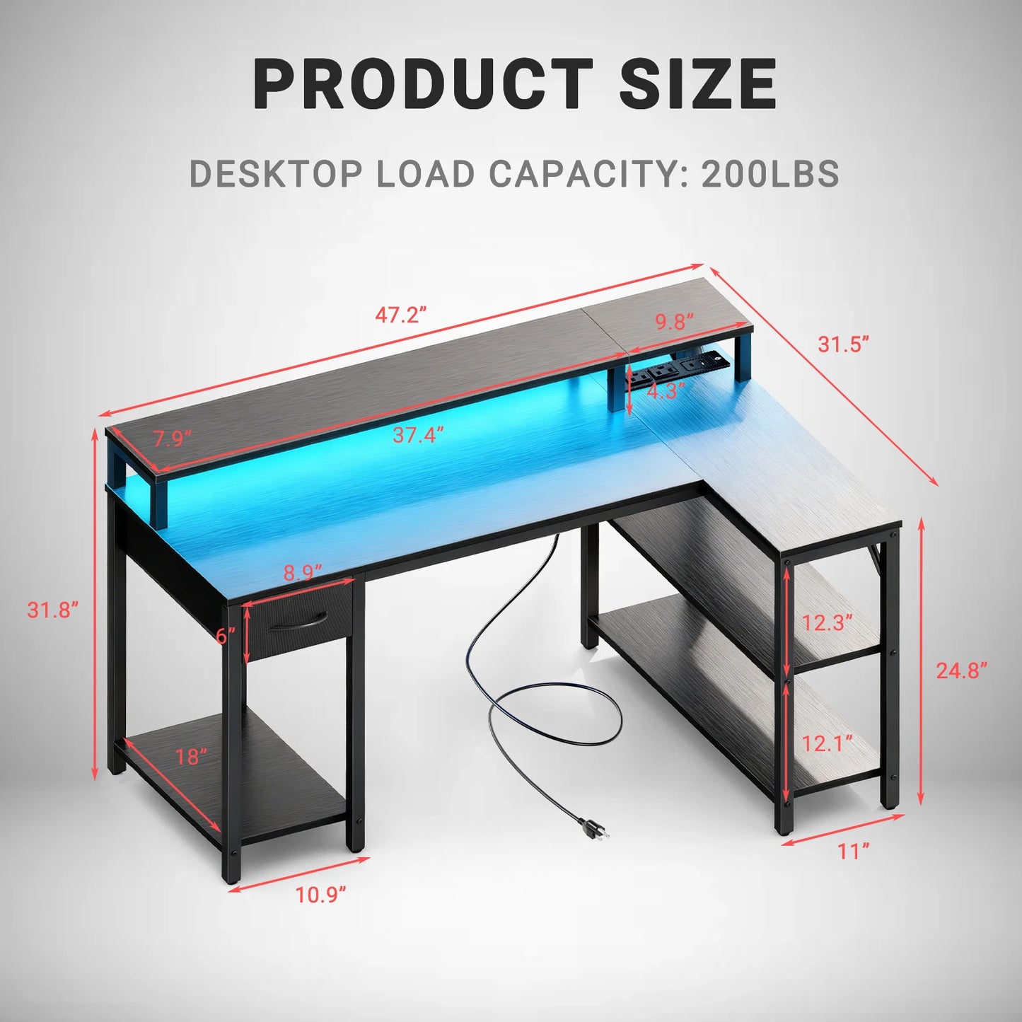 JHK L-Shaped Gaming Desk With USB Ports And LED Illumination