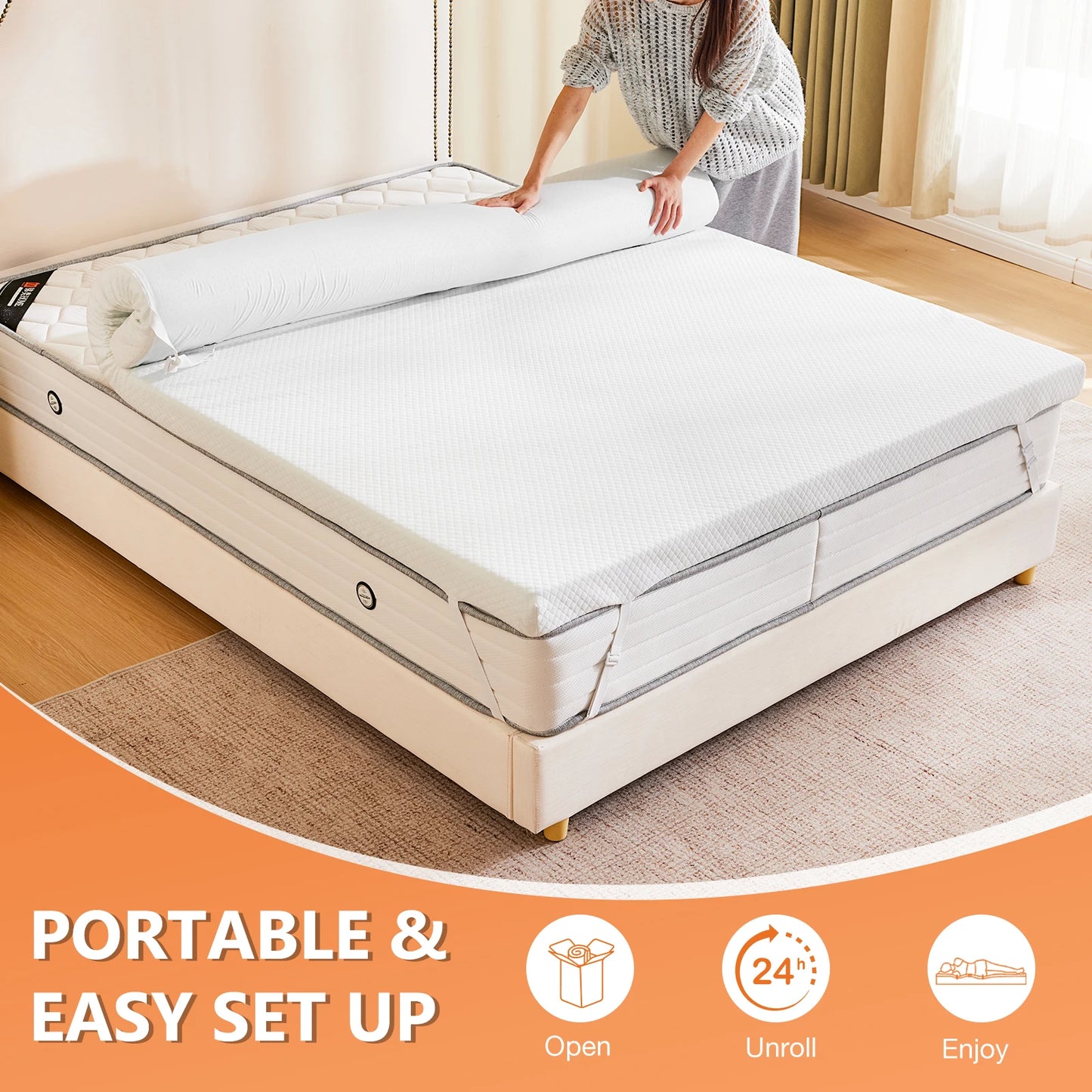 JHK Gel-Infused Memory Foam Mattress Topper With Fabric Cover Breathable