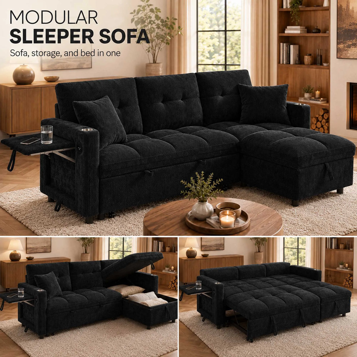Convertible Sectional Sofa With Pull Out Bed And Storage Chaise