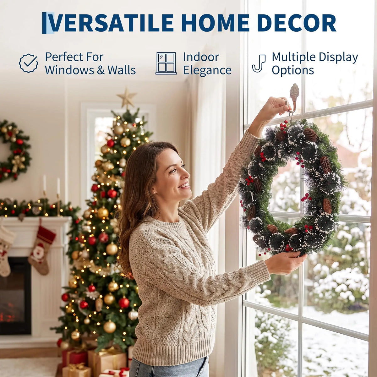 HiMISS Prelit Christmas Pine Wreath With LED Lights And Berries