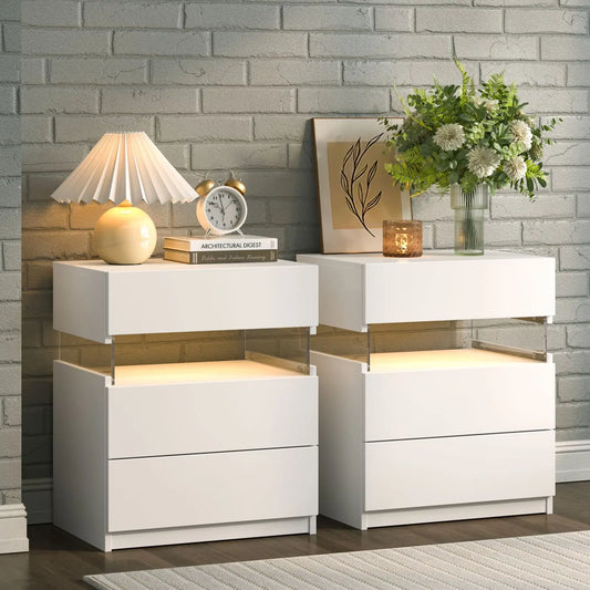 Cubehom Bedside Tables Set With LED Lighting 3 Drawer Nightstands