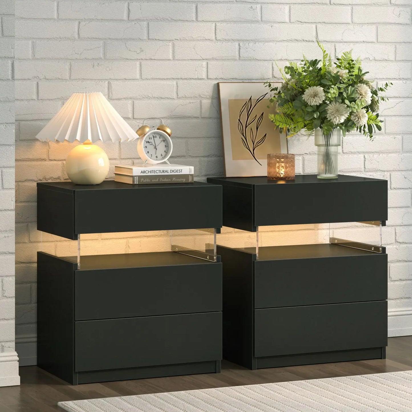 Cubehom Bedside Tables Set With LED Lighting 3 Drawer Nightstands