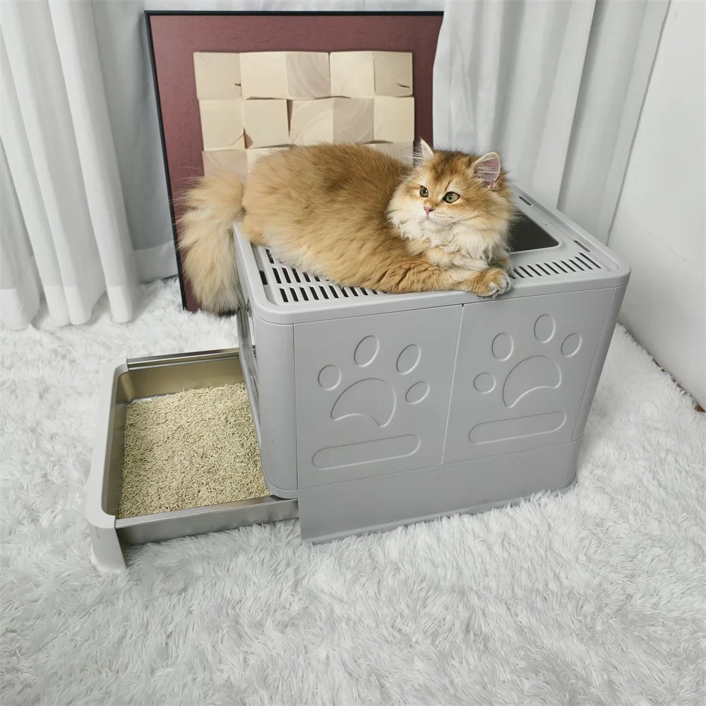 Enclosed Top-Entry Stainless Steel Cat Litter Box With Lid
